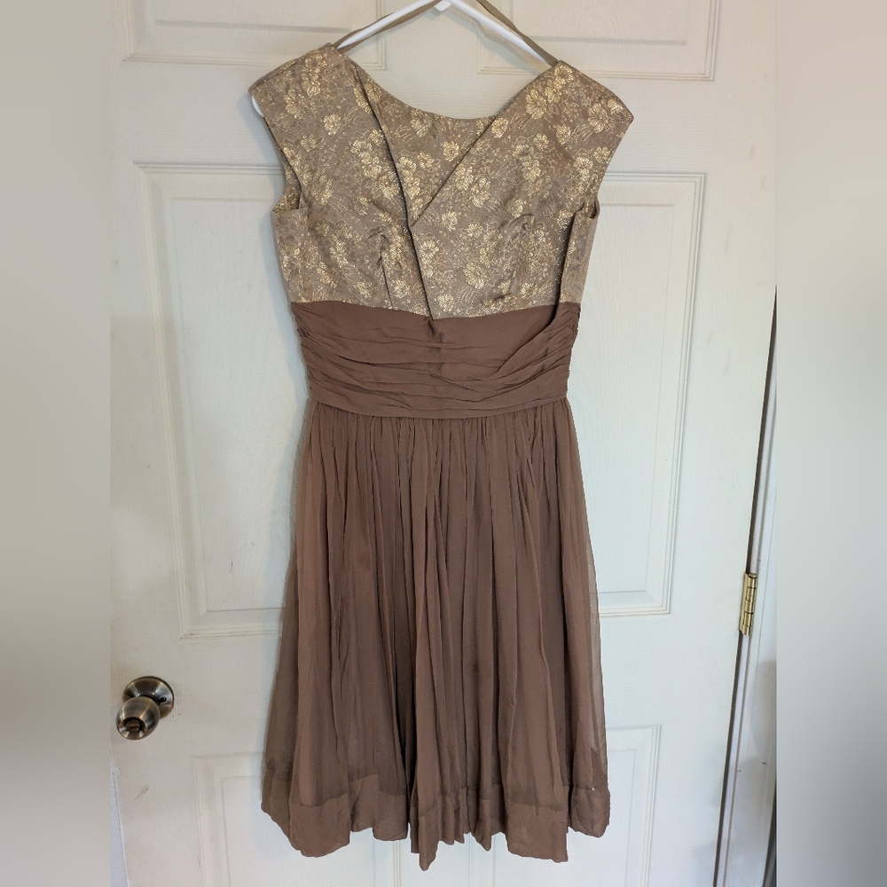 Chic Brown and Gold Midi Dress